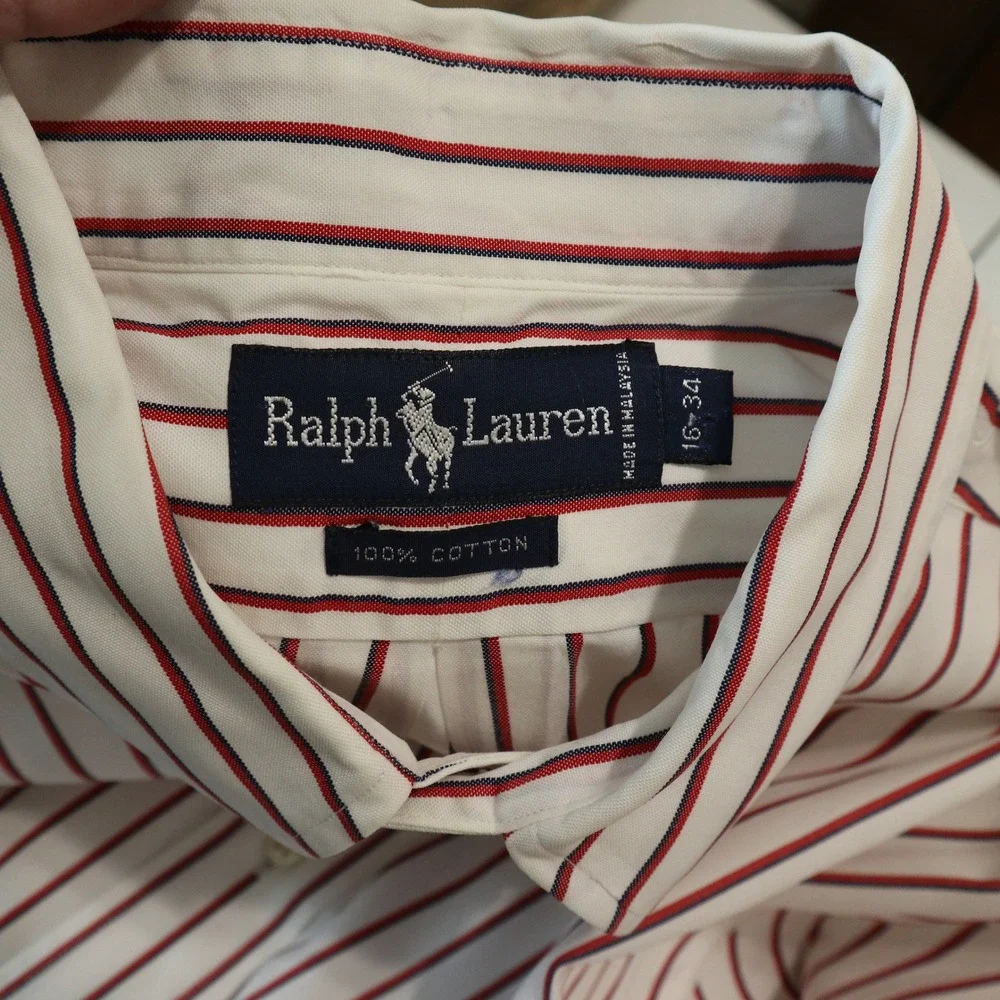 Ralph‎ Lauren Blake Mens 16 32 Button Down Oxford Shirt White Red Blue Stripe
